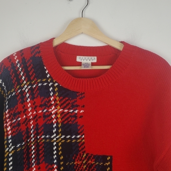 Vintage Picone Sport Sweater Womens Small Red‎ Black Plaid Tunic Shoulder Pads - Picture 6 of 8
